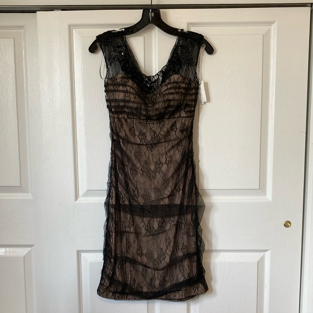 Black Lace Overlay Cocktail Dress with Nude Lining